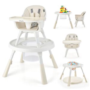 baby joy 7 in 1 baby high chair, convertible infant feeding chair w/removable tray, adjustable legs & storage basket, toddler building block table/kids table & chair set, beige