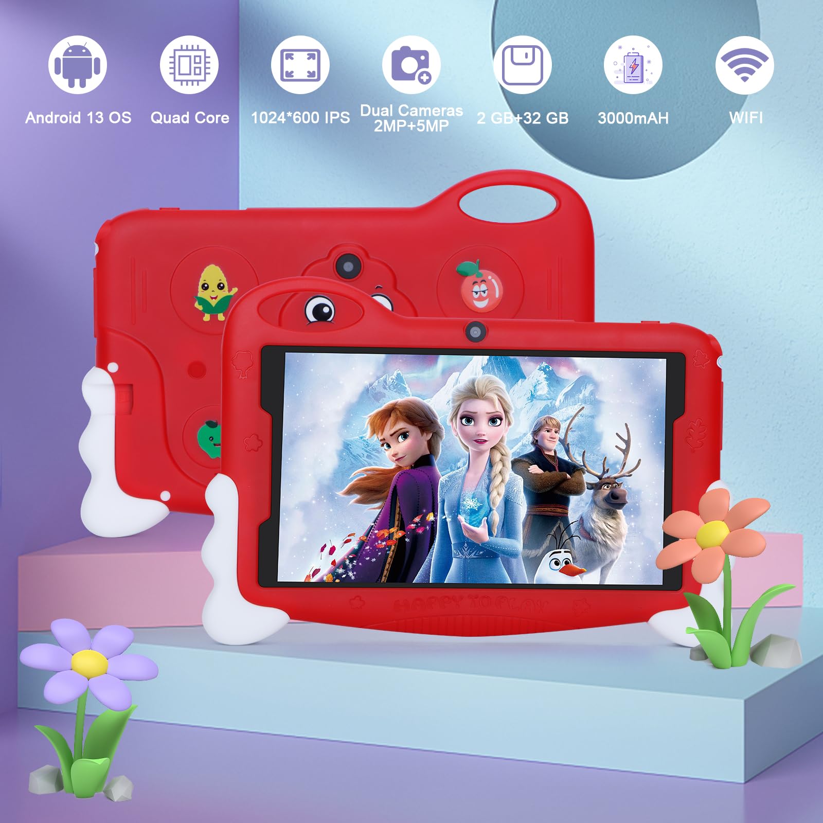 C idea Android 13.0 Tablet for Kids Age 2-5,7 inch Kids Tablet,Toddler Tablet with 2GB RAM 32GB ROM 1TB Expand/HD IPS Display with Eyes Protection Model/GMS/IWAWA for Children (Red)