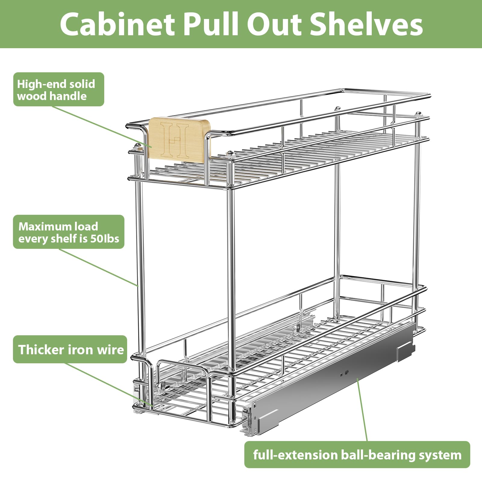 ROOMTEC Pull Out Cabinet Organizer With Wooden Handle 7½" W x 21½" D 2-Tier Cabinet Drawer Pull Out Shelves Under Cabinet Storage for Kitchen