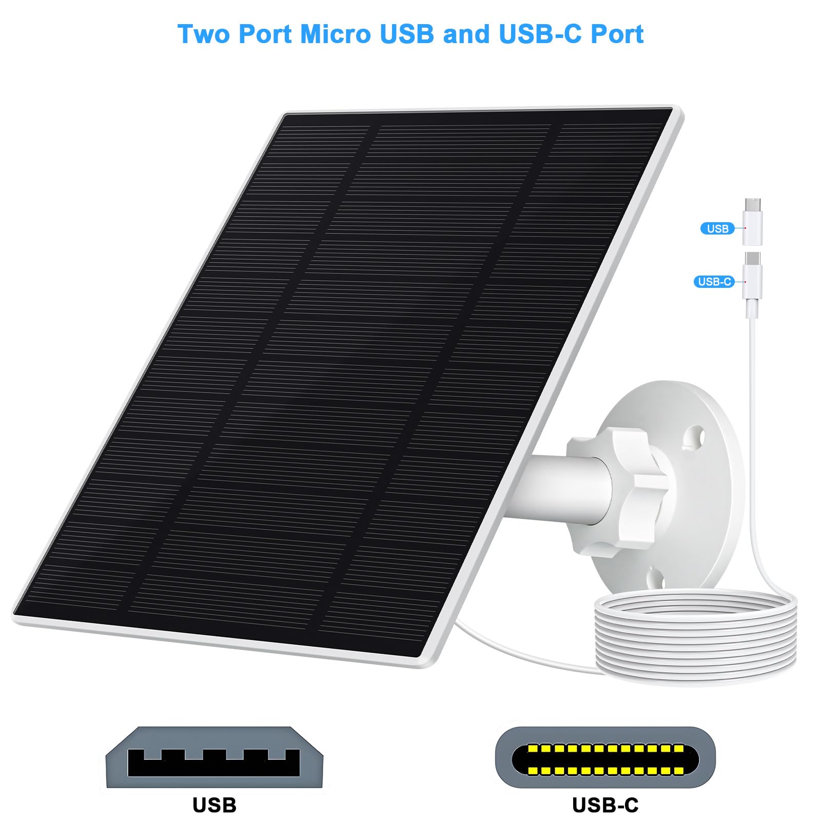 Solar Panel for Security Camera,5W USB C Solar Panels for Cameras,IP65 Waterproof Solar Panel for Bird Camera,Solar Panel Cameras with Micro USB & USB-C Port,Solar Panels for Outdoor Cameras (1 Pack)