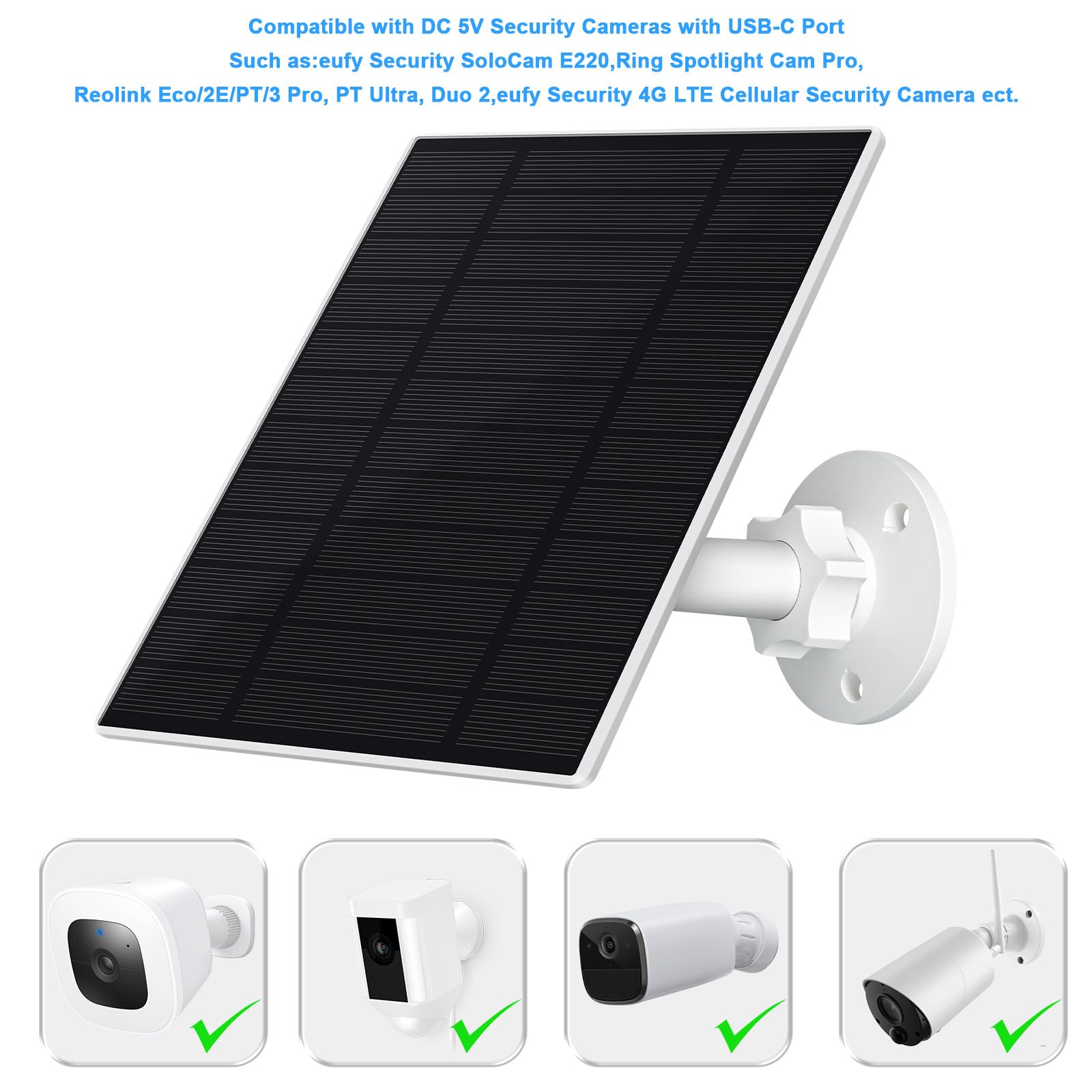 Solar Panel for Security Camera,5W USB C Solar Panels for Cameras,IP65 Waterproof Solar Panel for Bird Camera,Solar Panel Cameras with Micro USB & USB-C Port,Solar Panels for Outdoor Cameras (1 Pack)