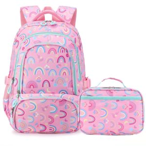 xlerhazo school backpack lunch bag set water repellent casual daypack lightweight bookbags for girls (rainbow)