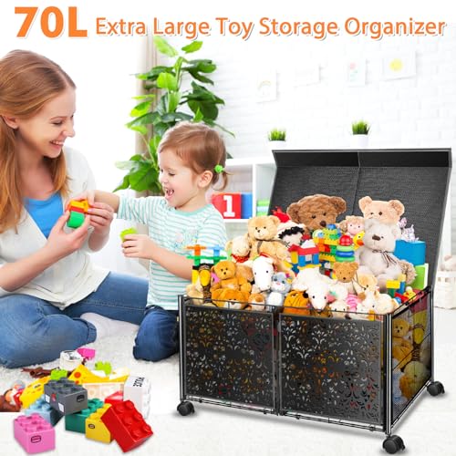 Toy Storage Organizer, Toy Box Toy Chest Bins for Girls Boys, 70L Extra Large Toy Organizer Bins for Kids, Toy Storage Box Foldable Metal with Slient Wheels for Children's Room, Nursery, Playroom