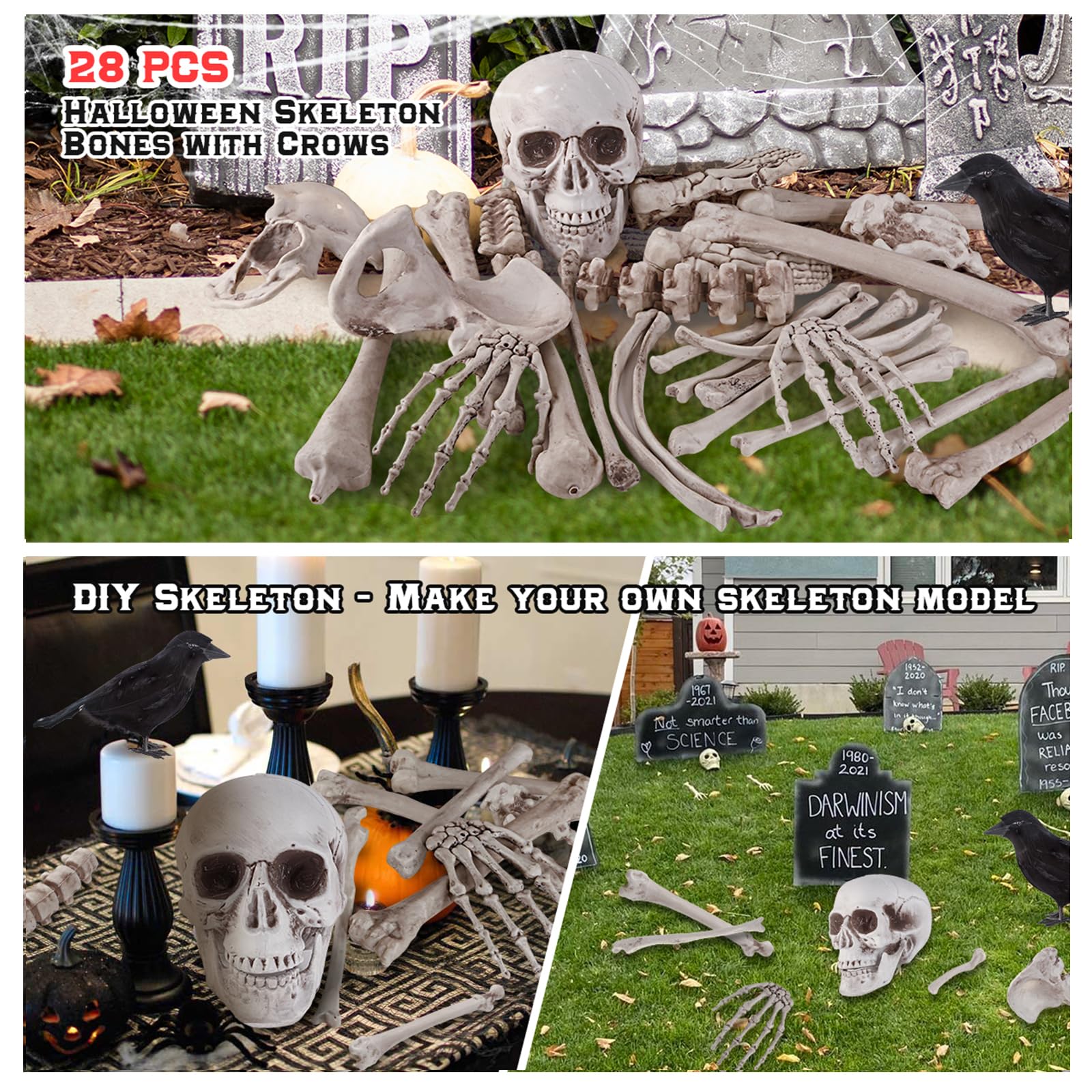 AuroTops Halloween Decoration 29PCS Skeleton Bones and Skulls with a Crow for Halloween Decor/Spooky Graveyard Ground, Outdoor Indoor Halloween Porps Decoration for Life Size Skull Bones