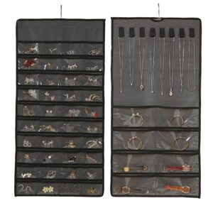 qupzsen hanging jewelry organizer, double-sided 48 pockets, storage roll with hanger metal hooks, jewelry holder for necklaces, earrings, rings on closet, wall, door, 1 pcs, grey