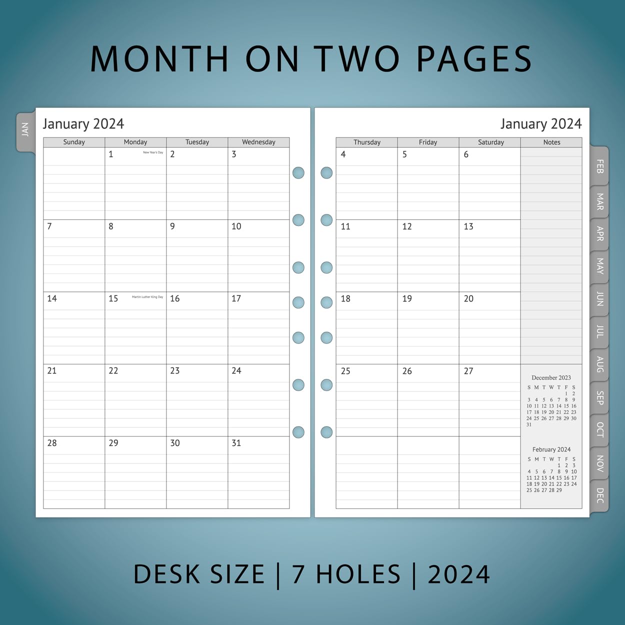 2024 Planner Refills, Weekly and Monthly Appointment Book Inserts, Tabbed, 7 Holes, Classic/Size 4