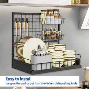 UBUISOTKZ Non-deformable Dish Drying Rack,Stainless Steel Dish Drainer with Cutting Board Holder Pull-Out Baskets, Dish Racks for Kitchen Counter Organizer Space Saver-Black