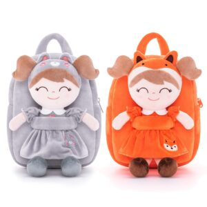 gloveleya kids backpack bundle - grey cat & fox plush toddler backpacks with soft animal doll