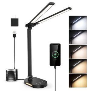 mookccos double head led desk lamp with usb charging - 5 color modes, memory function - ideal for home office desk lamp, multi-angle adjustable and foldable design table lamp- black