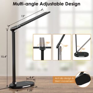 MOOKCCOS Double Head LED Desk Lamp with USB Charging - 5 Color Modes, Memory Function - Ideal for Home Office Desk Lamp, Multi-Angle Adjustable and Foldable Design Table Lamp- Black