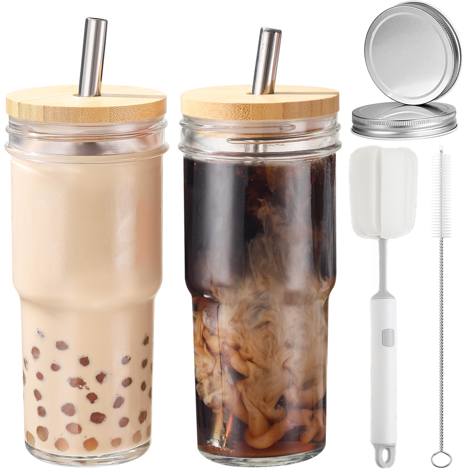 ASANMEYO 2 Pcs 24 oz Glass Cups With Bamboo Lids and Straws & 2 Airtight Lids, Reusable Smoothie Cup Mason Jar Drinking Glasses Iced Coffee Cups Glass Tumbler for Bubble Tea, Juice, Gift