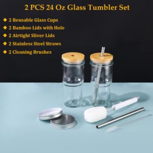 ASANMEYO 2 Pcs 24 oz Glass Cups With Bamboo Lids and Straws & 2 Airtight Lids, Reusable Smoothie Cup Mason Jar Drinking Glasses Iced Coffee Cups Glass Tumbler for Bubble Tea, Juice, Gift