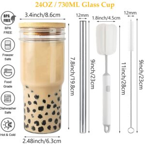 ASANMEYO 2 Pcs 24 oz Glass Cups With Bamboo Lids and Straws & 2 Airtight Lids, Reusable Smoothie Cup Mason Jar Drinking Glasses Iced Coffee Cups Glass Tumbler for Bubble Tea, Juice, Gift