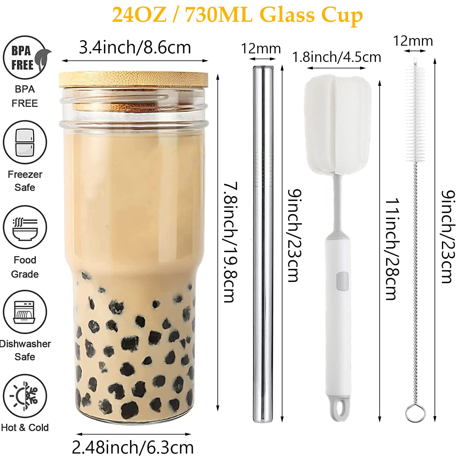 ASANMEYO 2 Pcs 24 oz Glass Cups With Bamboo Lids and Straws & 2 Airtight Lids, Reusable Smoothie Cup Mason Jar Drinking Glasses Iced Coffee Cups Glass Tumbler for Bubble Tea, Juice, Gift