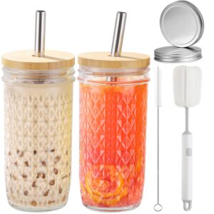asanmeyo 2 pcs glass cups set - 24oz mason jar drinking glasses with bamboo lids & straws & 2 airtight lids, cute reusable smoothie cup, iced coffee glasses, travel tumbler for bubble tea, juice