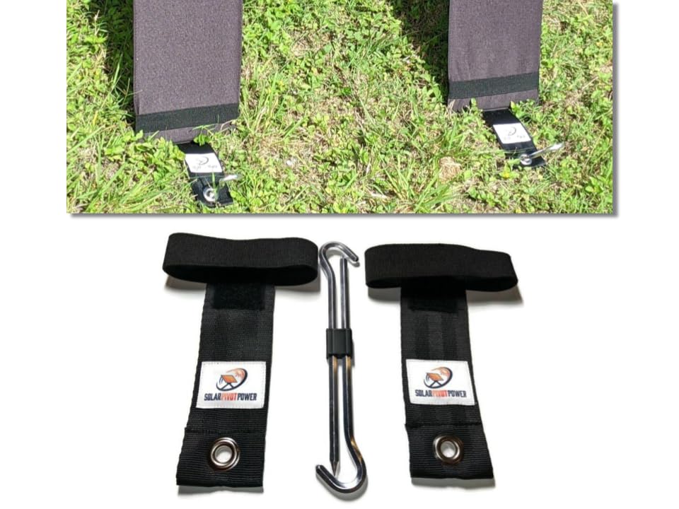 Solar Stakes - Anchor Portable Solar Panels with Seamless Add-on, Heavy Duty Strap with Hook/Loop and Elastic, 7" Aluminum Stake, Prevents Wind Tipping