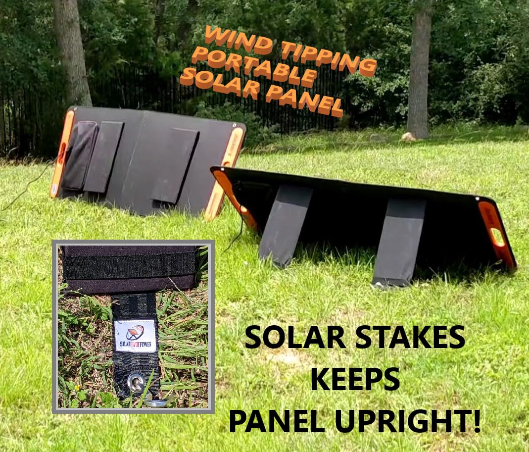 Solar Stakes - Anchor Portable Solar Panels with Seamless Add-on, Heavy Duty Strap with Hook/Loop and Elastic, 7" Aluminum Stake, Prevents Wind Tipping