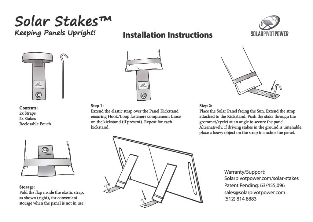 Solar Stakes - Anchor Portable Solar Panels with Seamless Add-on, Heavy Duty Strap with Hook/Loop and Elastic, 7" Aluminum Stake, Prevents Wind Tipping