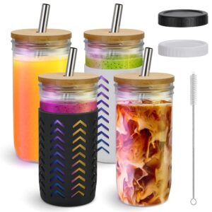 elma home glass cups with lids and straws - reusable bamboo drinking glasses, mason jar 24 oz - 4 pack, wide mouth set, iced coffee tumbler, smoothie cup, tall boba tea tumblers