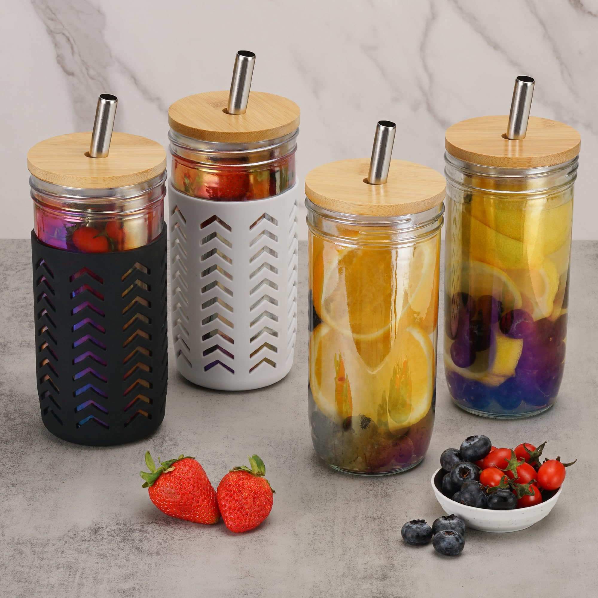 Elma Home Glass Cups with Lids and Straws - Reusable Bamboo Drinking Glasses, Mason Jar 24 oz - 4 Pack, Wide Mouth Set, Iced Coffee Tumbler, Smoothie Cup, Tall Boba Tea Tumblers