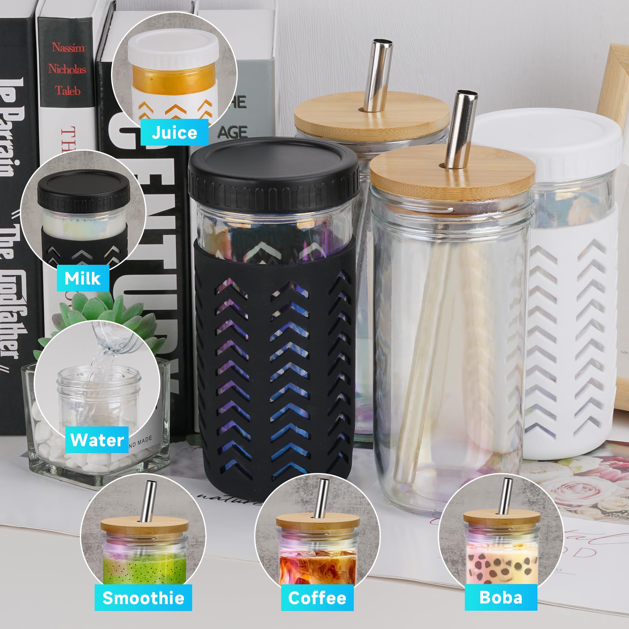 Elma Home Glass Cups with Lids and Straws - Reusable Bamboo Drinking Glasses, Mason Jar 24 oz - 4 Pack, Wide Mouth Set, Iced Coffee Tumbler, Smoothie Cup, Tall Boba Tea Tumblers