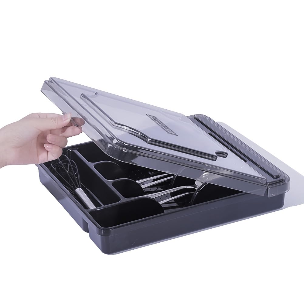 maulehua Silverware Organizer With Lid, Utensil Drawer Organizer. Removable Lid, 5 Slots Total Caddy for Flatware Cutlery Knives, Forks, Spoons.Black.