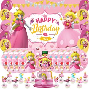 51 pcs princess peach birthday party decoration,princess peach party supplies include happy birthday backdrop,paper plates,cake toppers and latex balloons