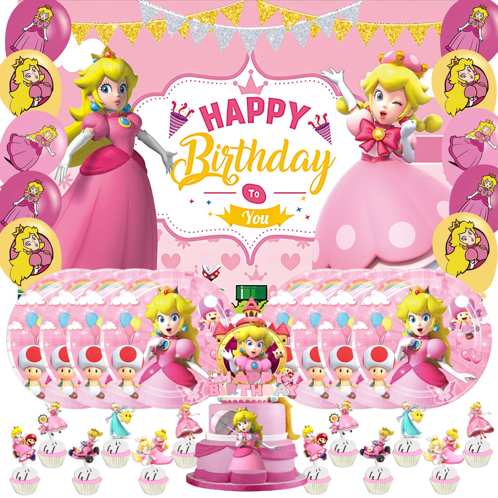51 Pcs Princess Peach Birthday Party Decoration,Princess Peach Party Supplies Include Happy Birthday Backdrop,paper plates,cake toppers and latex balloons