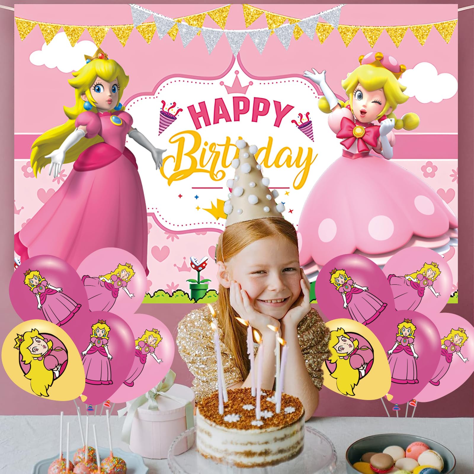 51 Pcs Princess Peach Birthday Party Decoration,Princess Peach Party Supplies Include Happy Birthday Backdrop,paper plates,cake toppers and latex balloons