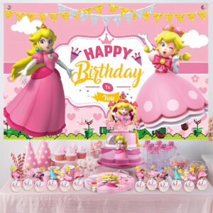 51 Pcs Princess Peach Birthday Party Decoration,Princess Peach Party Supplies Include Happy Birthday Backdrop,paper plates,cake toppers and latex balloons