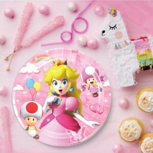 51 Pcs Princess Peach Birthday Party Decoration,Princess Peach Party Supplies Include Happy Birthday Backdrop,paper plates,cake toppers and latex balloons