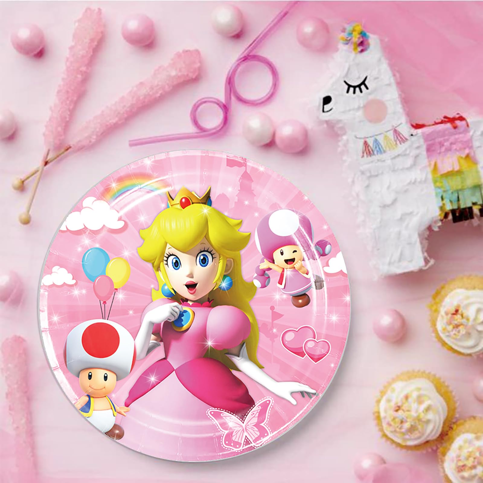 51 Pcs Princess Peach Birthday Party Decoration,Princess Peach Party Supplies Include Happy Birthday Backdrop,paper plates,cake toppers and latex balloons