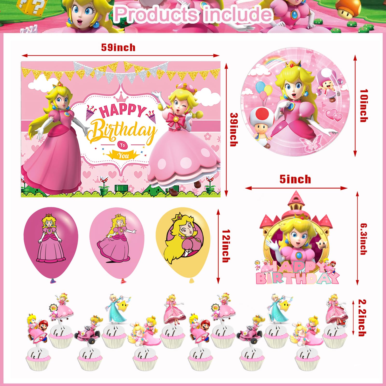 51 Pcs Princess Peach Birthday Party Decoration,Princess Peach Party Supplies Include Happy Birthday Backdrop,paper plates,cake toppers and latex balloons