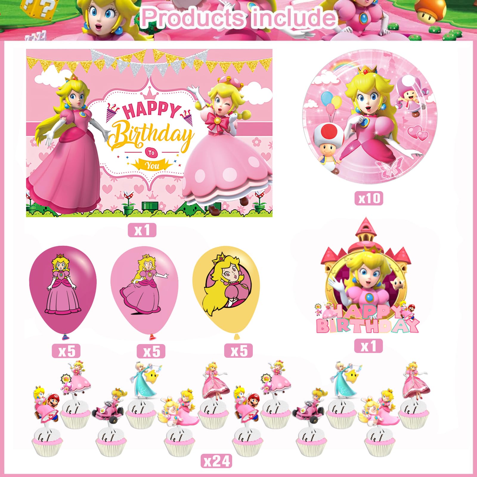 51 Pcs Princess Peach Birthday Party Decoration,Princess Peach Party Supplies Include Happy Birthday Backdrop,paper plates,cake toppers and latex balloons