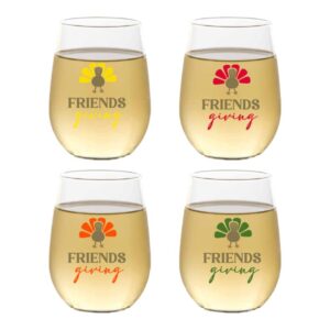 set of 4 holiday design shatterproof 16 oz plastic stemless wine glasses (friendsgiving)