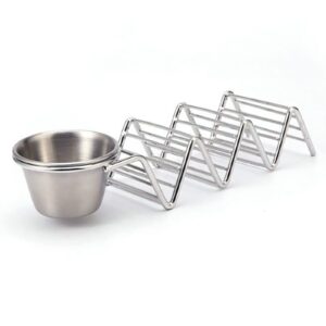 taco holder stand, stainless steel taco rack 3 grid v shaped taco holder rack taco tray with sauce cup, metal corn tortilla serving tray taco plates can hold 3 tacos for home (with sauce cup)
