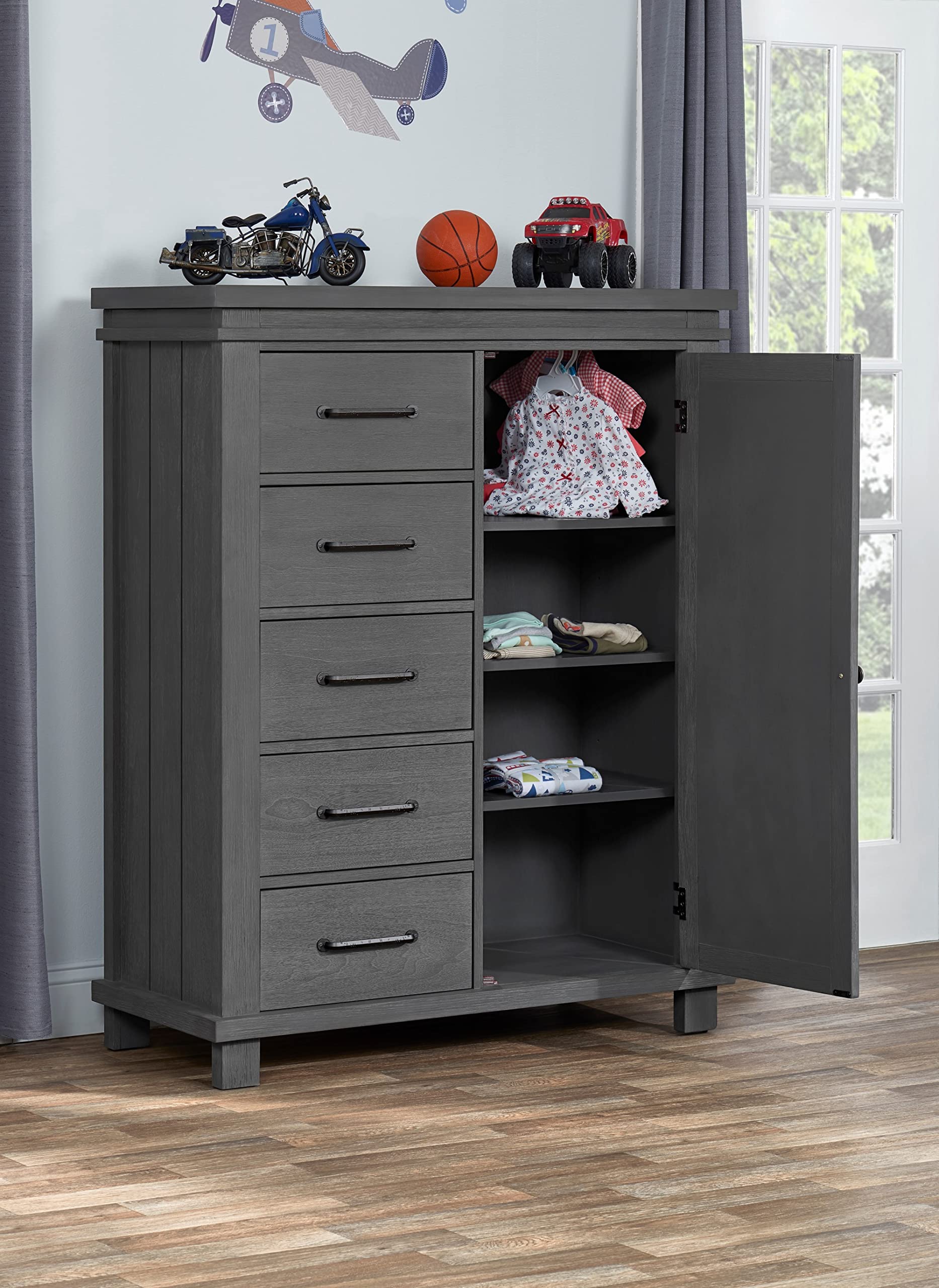 Soho Baby 43045210 Hampton Premium Soft Closing 5-Drawer Chifferobe with Adjustable Shelves and Hanging Rod, Wire Brush Canyon Gray Finish