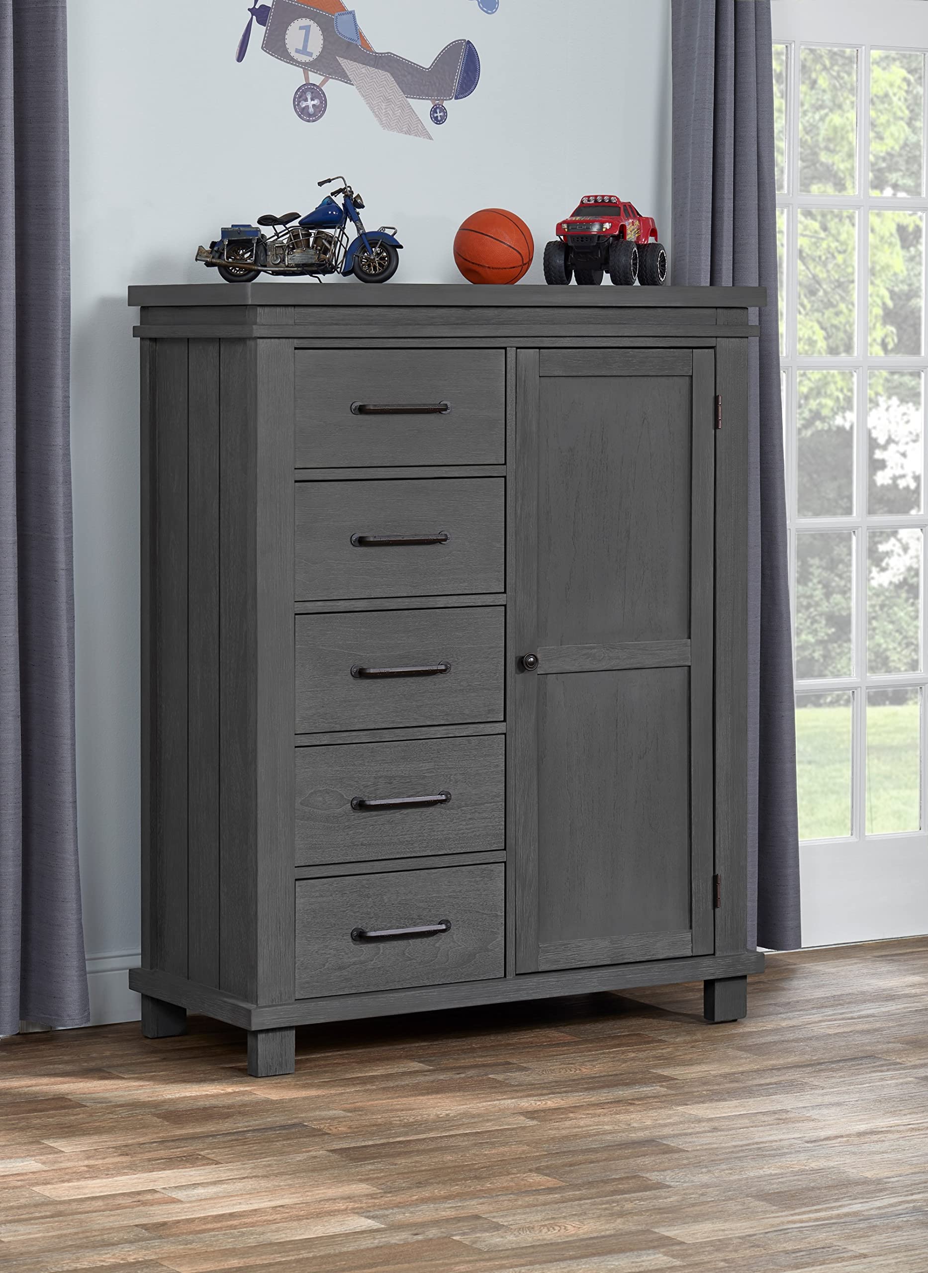 Soho Baby 43045210 Hampton Premium Soft Closing 5-Drawer Chifferobe with Adjustable Shelves and Hanging Rod, Wire Brush Canyon Gray Finish