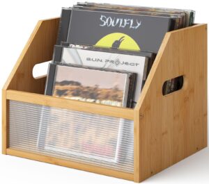 vriccc vinyl record storage box, bamboo wood record holder storage, magazine book album display rack, stylish desktop file sorter organizer for home office