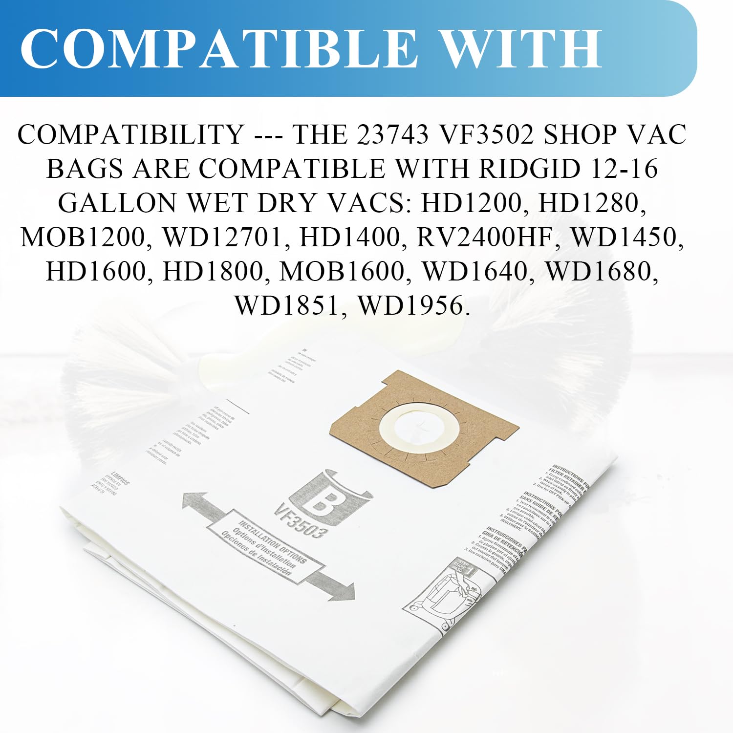 12 Pack VF3503 VF2004 Size B Filter Bags Compatible with Ridgid 6-9 Gallons Wet/Dry Vacuums WD5000, WD5500, WD0970, WD0975, WD0670