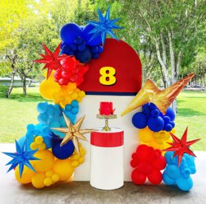 red blue yellow balloon garland arch kit 129 pcs primary color balloon with mylar starburst & lighting balloons for cartoon birthday poke theme ball party decorations