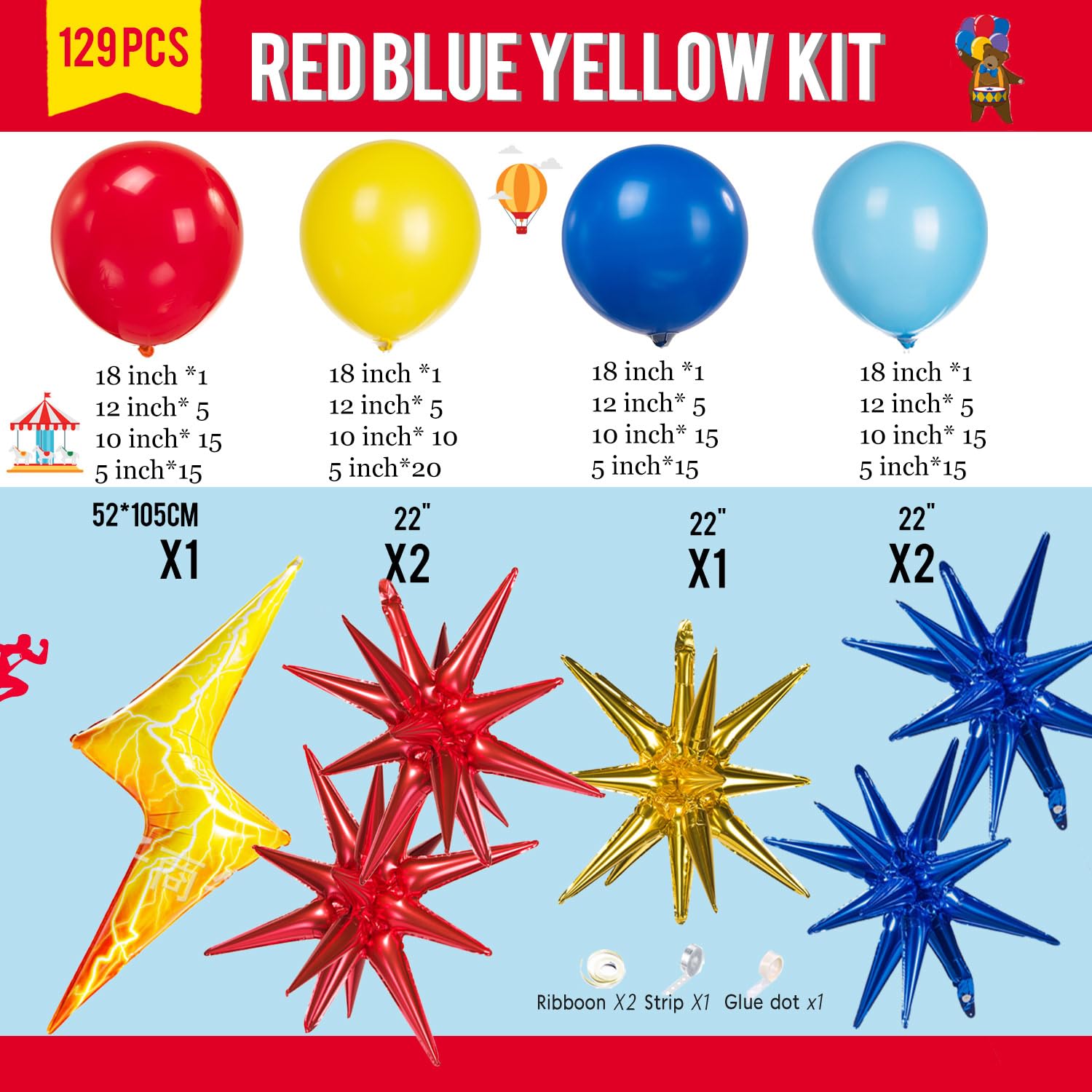 Red blue yellow Balloon Garland Arch Kit 129 Pcs primary color balloon with mylar Starburst & Lighting Balloons for Cartoon birthday poke theme ball Party decorations