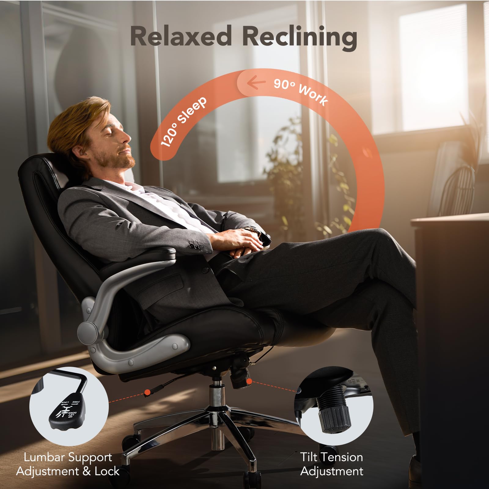 ErGear Executive Office Chair, Posture PU Leather Office Chair with Dynamic Sitting & Stepless Adjustable Lumbar Support, Ergonomic Office Desk Chair with Flip Up Arms Tilt Function, High Back, Black.