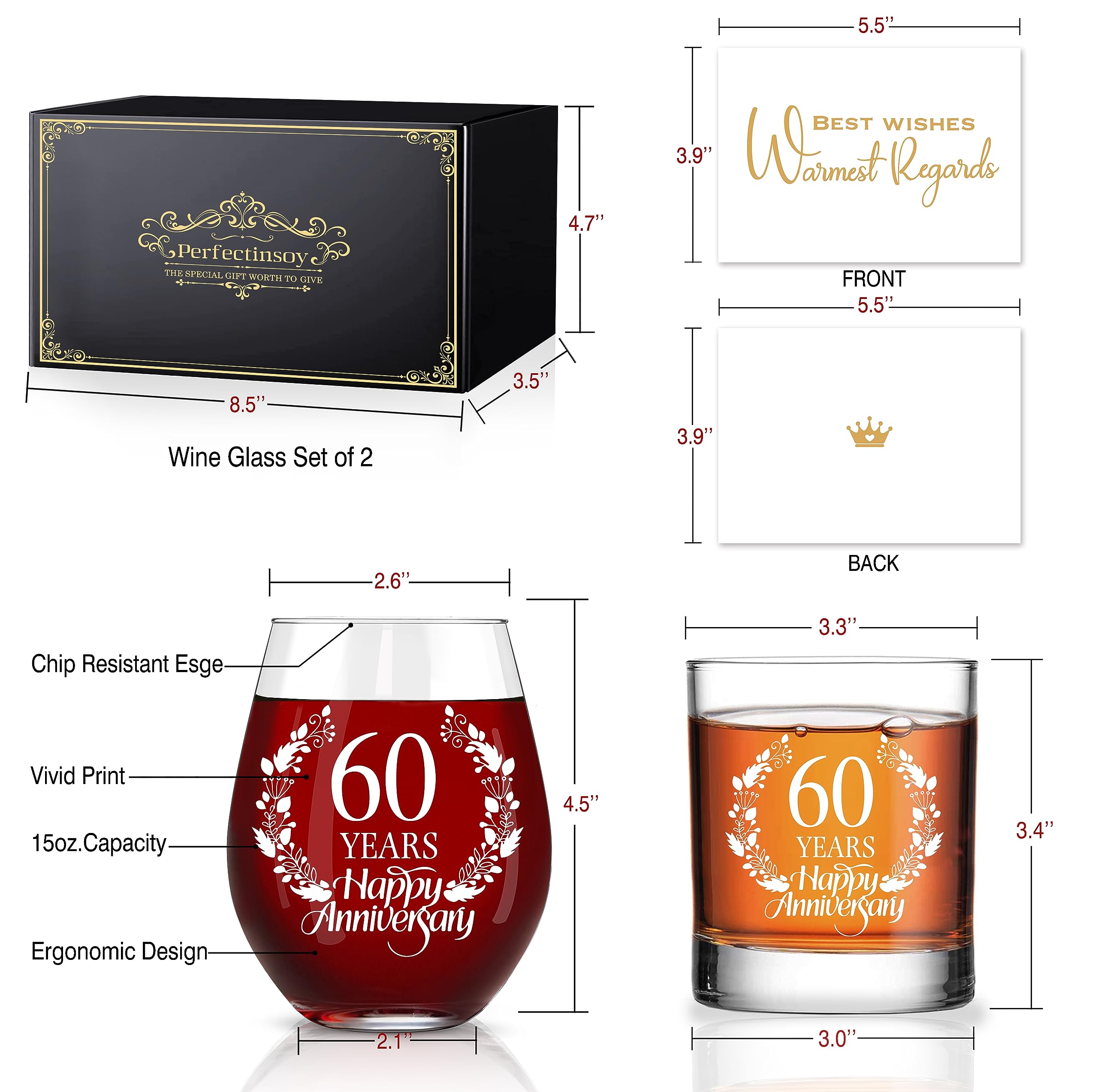 Perfectinsoy 60 Years Happy Anniversary Whiskey Glass and Stemless Wine Glass Gift Set, 60th Anniversary Wedding Gift For Mom, Dad, Soulmate, Couple, 60 Years Gifts, Happy 60th Anniversary