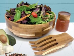 voce wooden salad bowl set with servers and dressing jar - large acacia wood serving bowl for salads, fruits, pasta, cereal - big salad bowl with serving utensils - salad mixing bowls, 11" d x 4" h