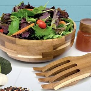 Voce Wooden Salad Bowl Set with Servers and Dressing Jar - Large Acacia Wood Serving Bowl for Salads, Fruits, Pasta, Cereal - Big Salad Bowl with Serving Utensils - Salad Mixing Bowls, 11" D x 4" H