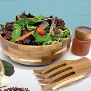 Voce Wooden Salad Bowl Set with Servers and Dressing Jar - Large Acacia Wood Serving Bowl for Salads, Fruits, Pasta, Cereal - Big Salad Bowl with Serving Utensils - Salad Mixing Bowls, 11" D x 4" H