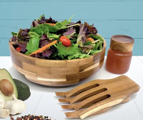 Voce Wooden Salad Bowl Set with Servers and Dressing Jar - Large Acacia Wood Serving Bowl for Salads, Fruits, Pasta, Cereal - Big Salad Bowl with Serving Utensils - Salad Mixing Bowls, 11" D x 4" H