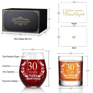 Perfectinsoy 30 Years Happy Anniversary Whiskey Glass and Stemless Wine Glass Gift Set, 30th Anniversary Wedding Gift For Mom, Dad, Soulmate, Couple, 30 Years Gifts, Happy 30th Anniversary