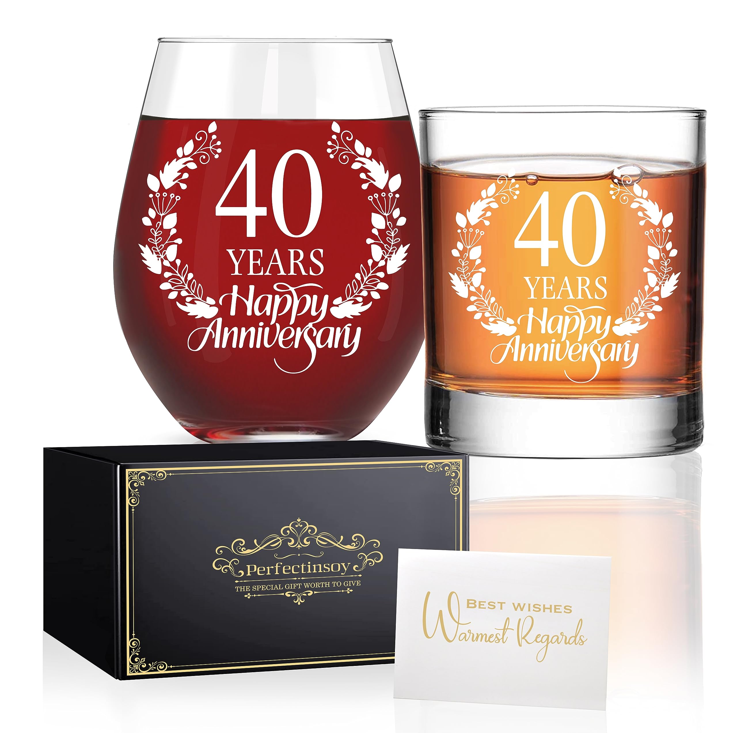 Perfectinsoy 40 Years Happy Anniversary Whiskey Glass and Stemless Wine Glass Gift Set, 40th Anniversary Wedding Gift For Mom, Dad, Soulmate, Couple, 40 Years Gifts, Happy 40th Anniversary